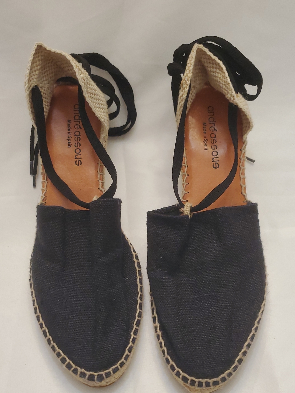 Andre Assous Black Jute Espadrille Flats with Ankle Tie Women's 10